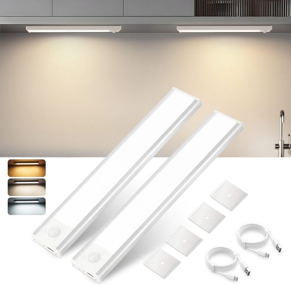 ZMH Unterbauleuchte Küche LED Schrankbeleuchtung - 20CM 2 Stück Unterschrank Beleuchtung mit Bewegungssensor USB Wiederaufladbar Schranklicht Dimmbar 3 Farbtemperatur für Küchenschrank Treppe