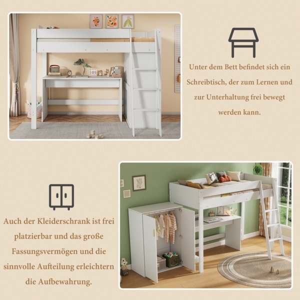 Merax Kinder-Hochbett, 90*200cm multifunktionales Kinderbett, mit Leiter, mit Schreibtisch, mit Kleiderschrank, frei kombinierbar, ohne Matratze, Massivholz, weiß Bild 5