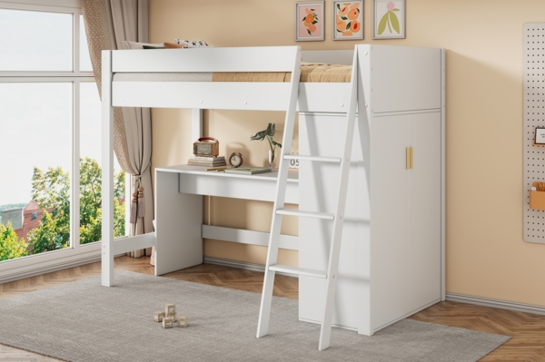 Merax Kinder-Hochbett, 90*200cm multifunktionales Kinderbett, mit Leiter, mit Schreibtisch, mit Kleiderschrank, frei kombinierbar, ohne Matratze, Massivholz, weiß Bild 6