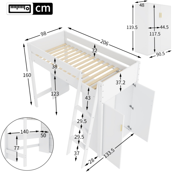 Merax Kinder-Hochbett, 90*200cm multifunktionales Kinderbett, mit Leiter, mit Schreibtisch, mit Kleiderschrank, frei kombinierbar, ohne Matratze, Massivholz, weiß Bild 4