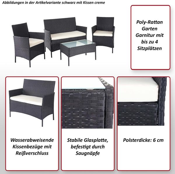 Poly-Rattan Garten-Garnitur HWC-D82, Sitzgruppe Lounge-Set ~ schwarz mit Kissen anthrazit Bild 2