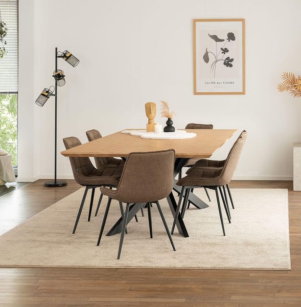 HOME DELUXE Essgruppe Eckig AVENCIA inkl. Sternfuß - 200 x 120 cm Fishbone Oak 6 Stühle Grau