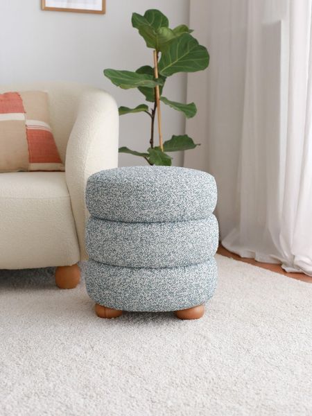 Stylish Pouffe with Wooden Frame, Teddy Fabric, 42 x 44 x 42 cm | Blue & Grey | Soft 24 DNS Feather Cushion | Perfect for Modern Living Spaces