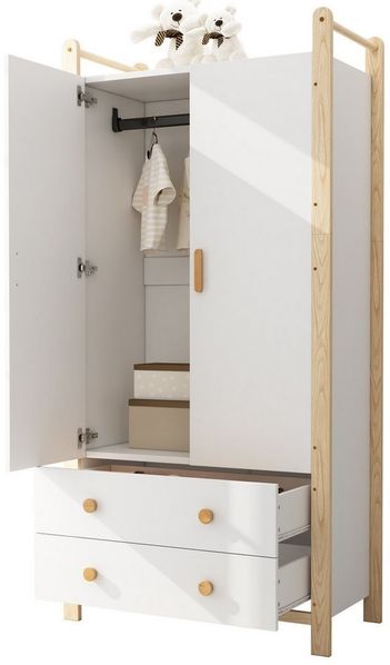 OKWISH Kleiderschrank weißer oder blauer Körper + Kieferrahmen (Flurgarderobe, Highboard, 1-St, mit Kleiderstange, 2 Schubladen) 2-türiger Lagerschrank