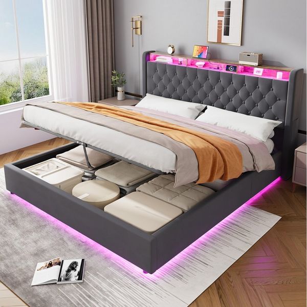 MODFU Polsterbett Mit Stauraum,LED-Beleuchtung und USB-Anschlüssen (Funktionsbett, 1-tlg, Stabiler Metallrahmen, inkl. Lattenrost, ohne Matratze), 180x200 cm, Hollandvelours, Kopfteil-Ablage
