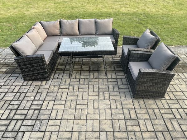 Fimous Hoher Rücken Rattan Gartenmöbel Set Polyrattan Ecksofa Esstisch Set mit 2 Sesseln 8 Sitzer Dunkelgrau gemischt