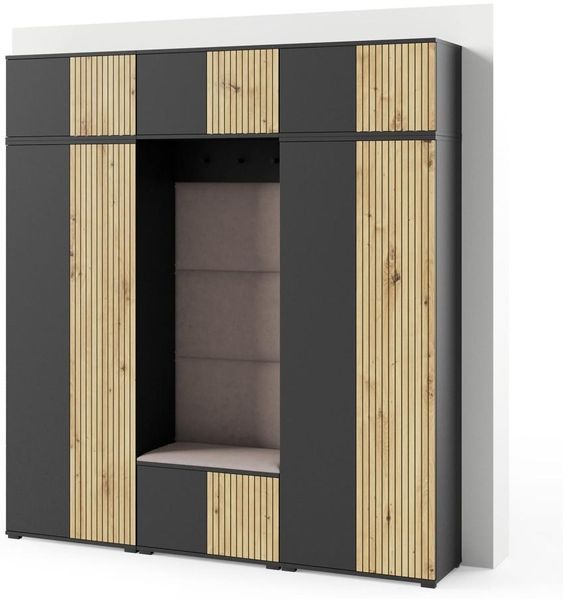 Garderoben-Set Rosario Version 4 mit Lamellen, Kleiderschrank mit Polsterplatten und Schuhschrank (Schwarz / Eiche Artisan, Trinity 05), 225 x 40 x 210 cm