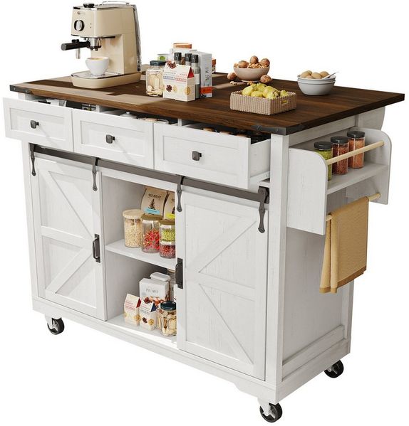 Tongtong Kücheninsel Servierwagen mit ausziehbarer Arbeitsplatte, Küchenwagen auf Rollen, (Bis 75 kg belastbar, Speisewagen mit Holzmaserung), Küchenschrank mit 2 Schiebetüren und 3 Schubladen