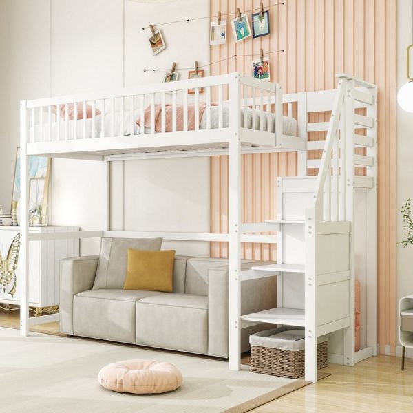 REDOM Kinderbett Hochbett Stauraumbett Einzelbett Holzbett (aus Holz mit Treppe und integriertem Aufbewahrungsregal, 90x200cm), Ohne Matratze