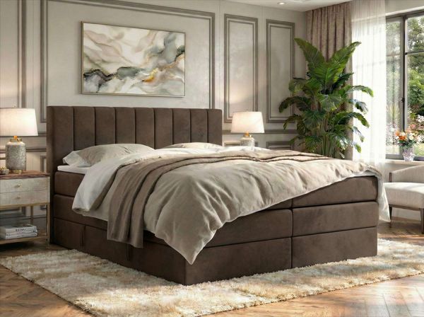 Boxspringbett mit Matratze H4 ALVER KING, Doppelbett, gepolstertes Polsterbett, 7-Zonen-Multipocket-Kern H4, hohe Kopfteil - Topper T25 - Braun Velvet