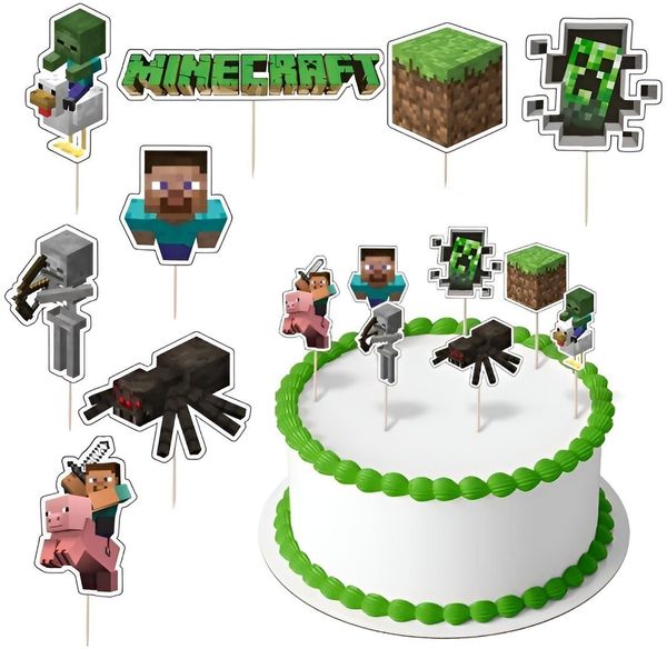 Festivalartikel Tortenstecker Minecraft Set Topper Torten Grün Diamant Steve Pixel TNT Topper