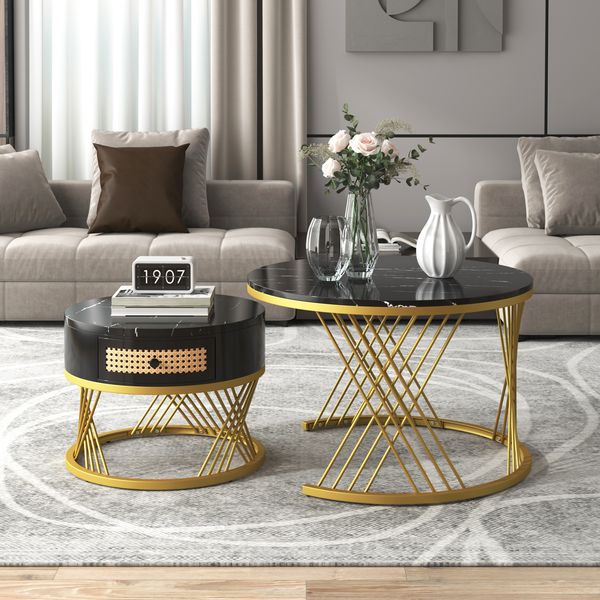 Couchtisch-Set (2-tlg.), MDF mit Marmormuster & Schublade, 70x70x45,5 + 50x50x38,5 cm, Schwarz/Gold