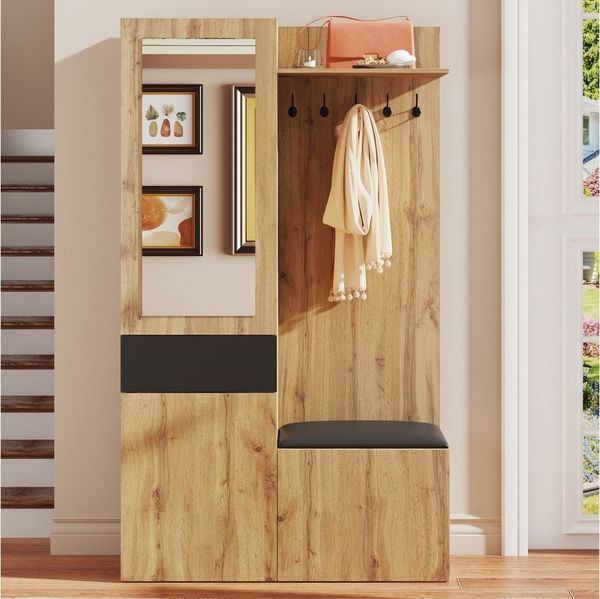 BlingBin Garderobenschrank Garderoben-Set Kleiderschrank Flurschrank (1-St, mit 5 Garderobenhaken, Spiegel, Schuhschrank und Schublade) 98.5L x 38B x191H cm, Holzfarbe