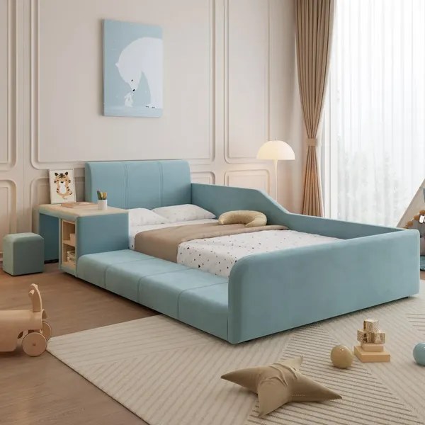 Polsterbett mit Tisch, Hocker, gepolstertem Kopfteil, Lattenrost und Regal, 90x200 cm, Kinderbett, Einzelbett, Samt