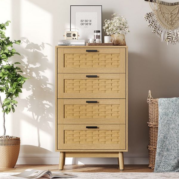 FUROKOY Kommode Sideboard mit 4 Schubladen Rattanschrank Küchenschrank, Schlafzimmerschrank Holz,Eichenfarbe
