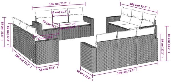 vidaXL 12-tlg. Garten-Sofagarnitur mit Kissen Hellgrau Poly Rattan 3218762 Bild 3