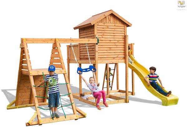 Fungoo Spielturm "My Side Spider+", teak,mit Rutsche, Einzelschaukel, Leiter, Haus mit Holzdach und Kletterturm
