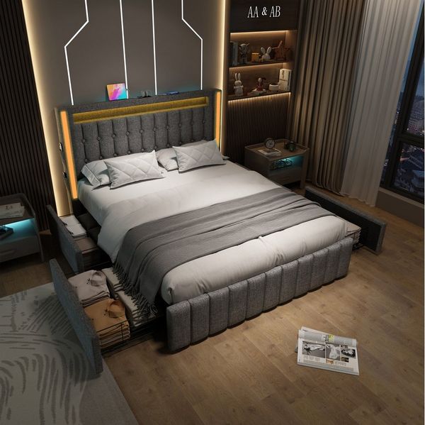 Flieks Polsterbett, LED Beleuchtung Doppelbett 160x200cm mit Ladefunktion und 4 Schubladen