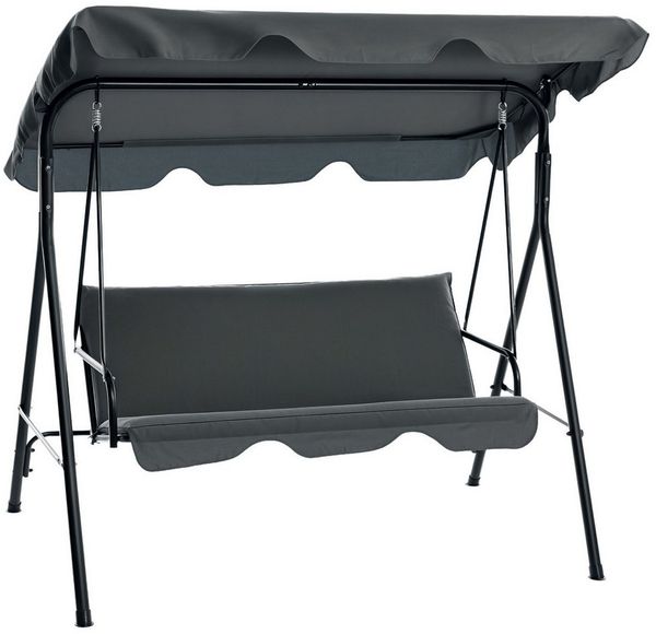 Outsunny Hollywoodschaukel mit Sitzpolster, Sonnendach, belastbar bis 240kg, 3-Sitzer, mit Sonnendach, 3-Sitzer Gartenschaukel, 1 tlg, Schaukelbank, für Garten, Terrasse, 172 x 110 x 153 cm, Grau