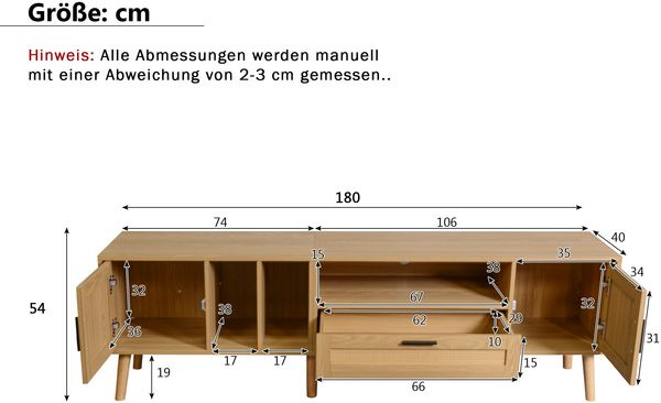 TV-Schrank Holzoptik 180 cm mit 2 Rattantüren, 1 Schublade, 3 offenen Regalen, Kabelmanagement Bild 10