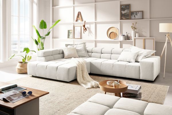 KAWOLA Sofa NEVADA Ecksofa Feincord weiß Recamiere links 82 x 215 x 319 cm