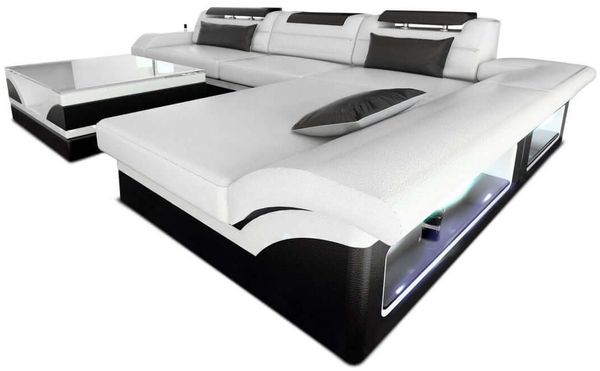 Mini Designer Ledersofa Monza L-Form – Eleganz Pur - Echtleder - Weiß-Schwarz - Rechts