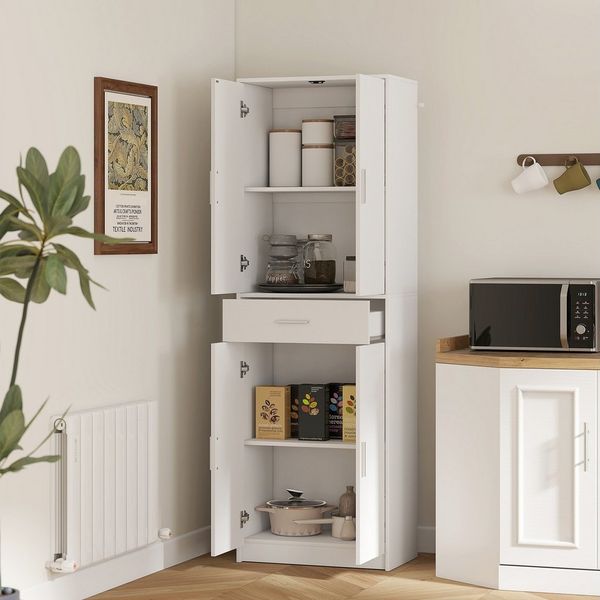 HOMCOM Küchenbuffet Vorratsschrank mit 4 Türen (freistehender Küchenschrank mit Schublade, 1-St, Vitrinenschrank mit verstellbaren Regalen) 60 x 35 x 180 cm, Weiß