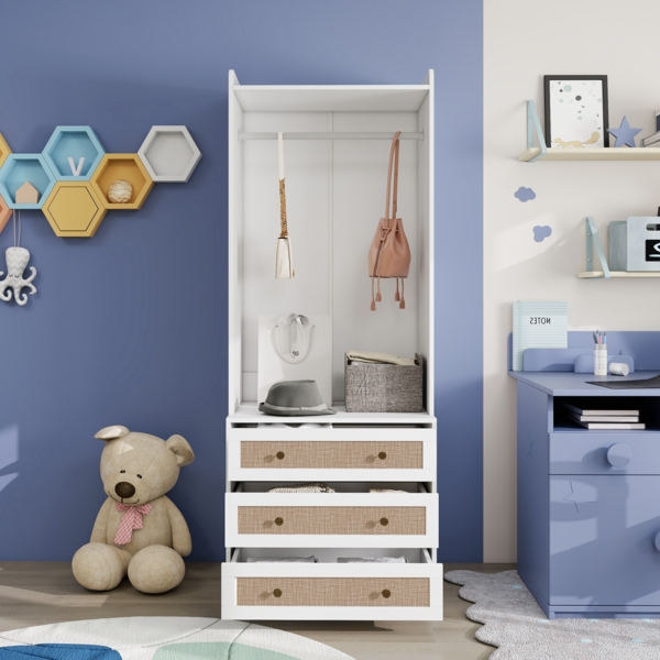 Kleiderschrank Weiß mit 3 Schubladen & Rattan, 70x48x180 cm