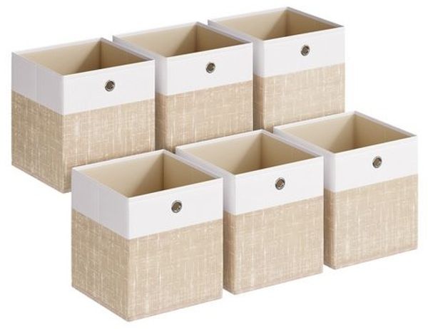 SONGMICS Aufbewahrungskörbe, 6er Set, faltbare Stoffboxen mit PP-Platten, für Regal, 26 x 26 x 28 cm, weiß-beige