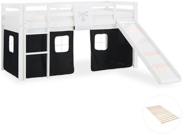 Hochbett mit Lattenrost 90x200 Rutsche Stockbett Kinderbett Holz Kiefer Vorhang schwarz Pirat