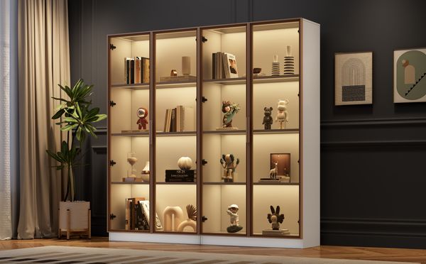 Vitrinenschrank 2er-Set B 160 x T 40 x H 160 cm aus Spanplatte, Weiß mit Glas & LED
