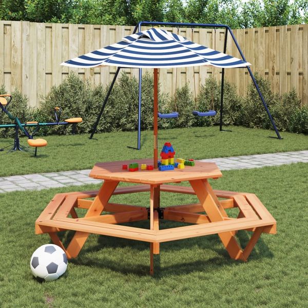 Gartentische, Picknicktisch für 6 Kinder mit Sonnenschirm Sechseckig Tanne