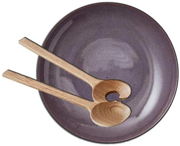 Bitz Set Servierschale rund 40 cm schwarz/lila + Salatbesteck 32 cm Eiche