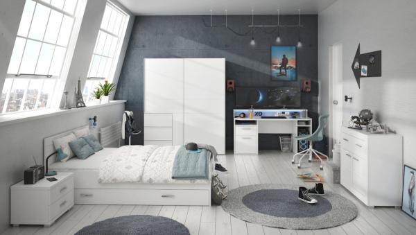 Jugendzimmer Gaming Zimmer Tezaur Snow 6 teiliges Komplett Set mit großem Gamer Schreibtisch 140x200 Jugendbett Schwebetürenschrank Kleiderschrank Kommode Nachttisch Comptertisch Gamingzimmer - MD110948