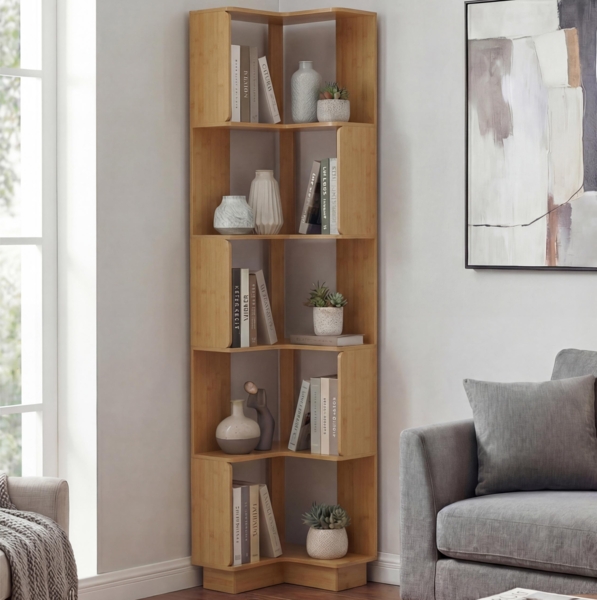 Eck-Bücherregal HWC-P53, Eckregal Standregal Wohnregal, 5 Ebenen MDF Melamin 175 x 40 x 40 cm ~ Bambus-Optik