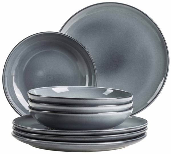 Teller Set für 4 Personen mit Speisetellern und Suppentellern in moderner nordischer Form, 8-teiliges Tafelservice; Grau