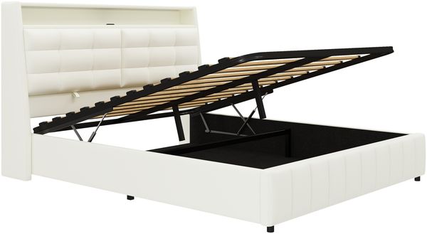 Plattformbett 160x200 weiß mit Stauraum & LED Doppelbett mit verstellbarer Rückenlehne, USB-Anschlüssen Bild 8