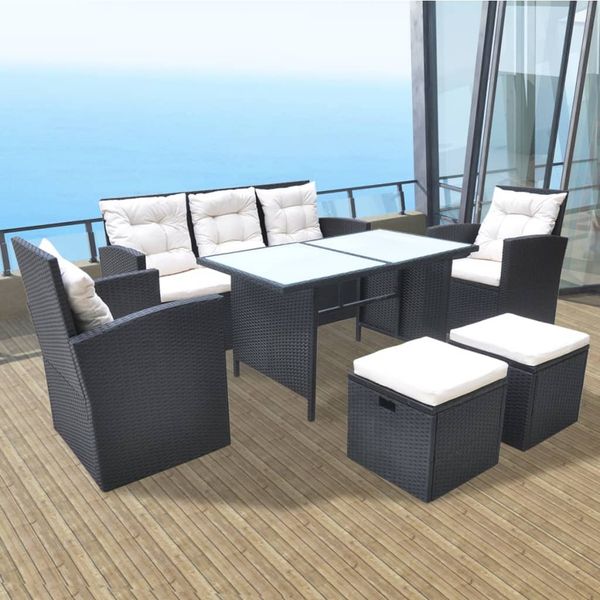 vidaXL 6-tlg. Garten-Essgruppe mit Kissen Poly Rattan Schwarz 42643