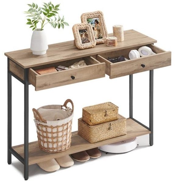 Vasagle Konsolentisch, Flurtisch, Beistelltisch, Sofatisch mit 2 Schubladen, Stahlgestell, Flur, Wohnzimmer, Industrie-Design, kamelbraun-tintenschwarz LNTDE015W01 Konsole
