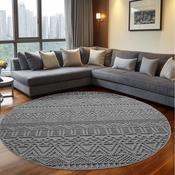 Teppium Teppich Skandinavisches Vintage-Muster auf Bouclé-Teppich, Rund, Höhe: 20 mm, Kurzflor Schlingen Teppich Grau Boucle-Loop Wohnzimmer Teppich