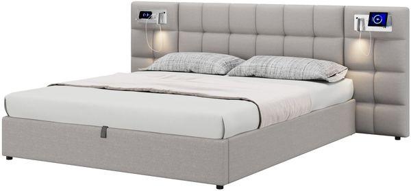 Polsterbett 180×200 cm aus Leinen-Stoff mit LED-Beleuchtung und USB-C-Anschluss, beige Bild 5