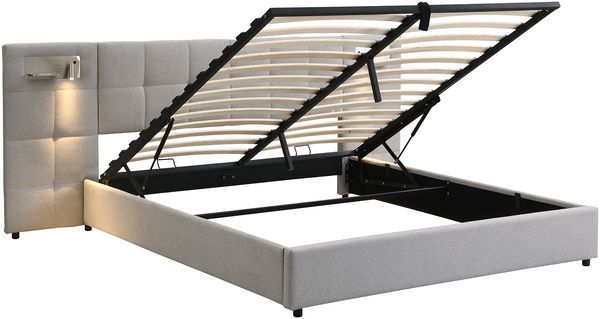 Polsterbett 180×200 cm aus Leinen-Stoff mit LED-Beleuchtung und USB-C-Anschluss, beige Bild 6