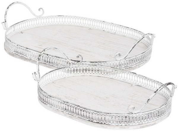 Grafelstein Tablett 2tlg. Tablett ABBEY weiß shabby chic Holztablett oval mit Metallrand Bild 3