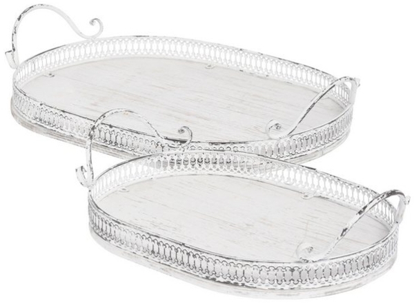 Grafelstein Tablett 2tlg. Tablett ABBEY weiß shabby chic Holztablett oval mit Metallrand Bild 2