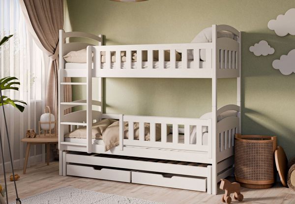 Kids Collective Hochbett mit Ausziehbett, zwei Schubladen, Lattenrost & Rausfallschutz, umbaubar in drei Einzelbetten, Kieferholz weiß, 90x200 cm