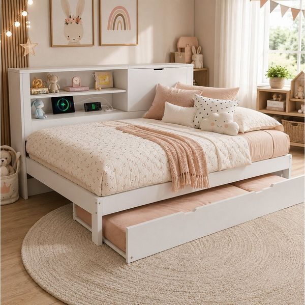 Flieks Kinderbett, Daybett 140×190cm mit Ausziehbett 90x190 cm, Stauraum und Ladefunktion
