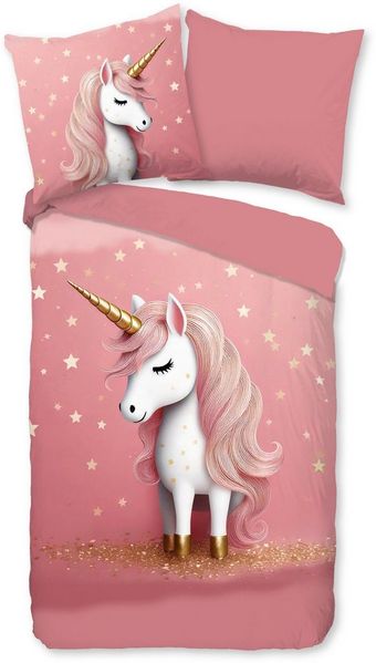 PURE luxury collection Kinderbettwäsche Sparkles, Microfaser, 2 teilig, Mikrofaser, 135x200, 2 Teilig, Wendeoptik, Mädchen, Einhorn, Rosa