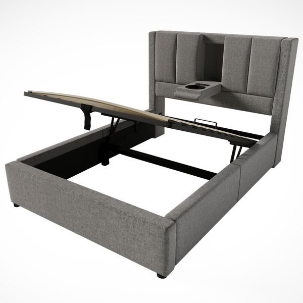 Polsterbett 90×200 cm mit hydraulischem Bettkasten, USB-C-Ladestation und Becherhalter, Grau Bild 6