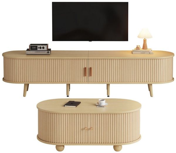 MODFU Wohnzimmer-Set TV-Schrank & Couchtisch Set, (ovale Kombination in Originalholzfarbe, Fernsehtisch, TV-Ständer, 1-St, zentrale Doppelschublade, natürliche Textur), mit Beidseitig geschwungene, vertikal geprägte Schiebetür