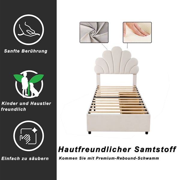 Polsterbett 90×200 cm mit 2 Schubladen und Blütenblatt-Kopfteil, Beige, ohne Matratze Bild 7